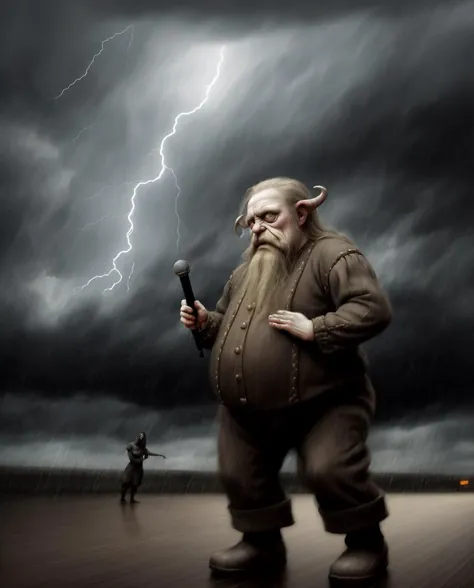 (art by Odd Nerdrum:0.8) , Drawing, Futurism, Dwarf, Public speaking, wearing Demon costume, Stormy weather, tilt shift, Regret, Motion blur, Velvia