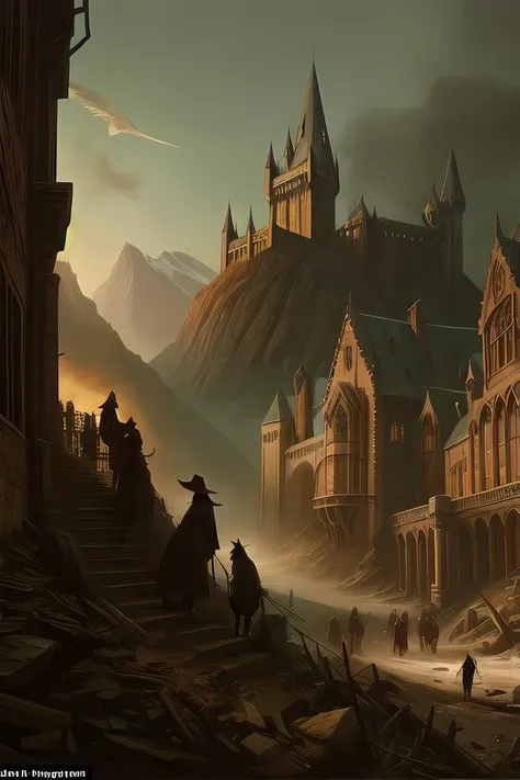 stylized by Eastman Johnson, Concept art, landscape of a Hogwarts School of Witchcraft and Wizardry, very Striking, at Dawn, Regret, Post-Apocalyptic, side light