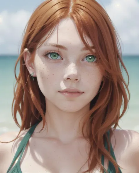 a woman with red hair and green eyes standing on the beach