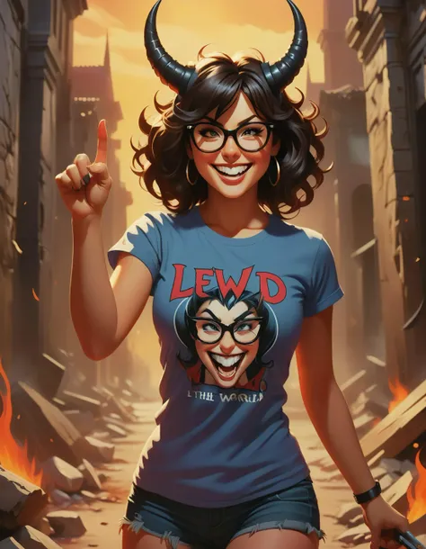 a sexy lewd demon girl wearing glasses, demon horns, 
wearing a t-shirt with text ("lewd the world":1.2), mocking smile, Perfect Hands, solo, pointing to viewer, looking at viewer, full body, in hell, outdoors, dynamic angle <lora:texta:1.2> <lora:Detailed...