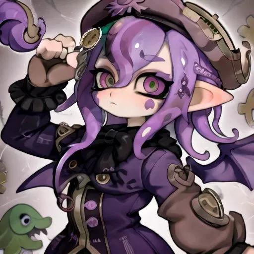 a close up of a cartoon character with purple hair and a hat