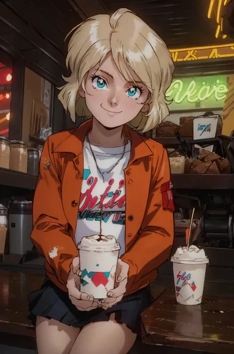 (neon lights,bokeh, depth of field:1.2), 1girl, <lora:may-gsc:1>, may hopkins, red jacket, open jacket, t-shirt, skirts, looking at viewer, smile, short hair, (coffee shop), sitting, table, (looking at viewer:1.2), closed mouth,
 <lora:Andava1e4:0.7>