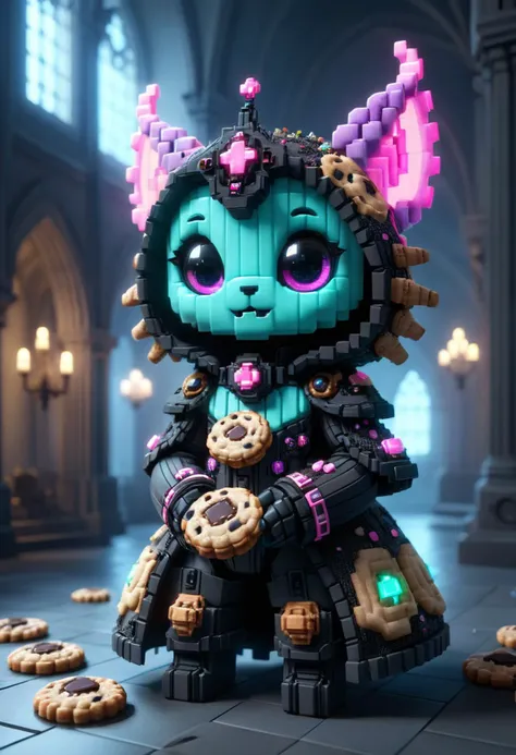 reality-shot, realism, realistic photography of a cute alien lifeform covered with cookies, gothic cathedral, intricate details, ultra sharp, cyberpunk, glowing neon <lora:ral-vxl:0.8> ral-vxl