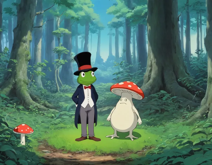 frog man, long frog legs, top hat, standing in a mushroom forest in the style of studio ghibli anime film screengrab 1993, adorable miyazaki cartoon