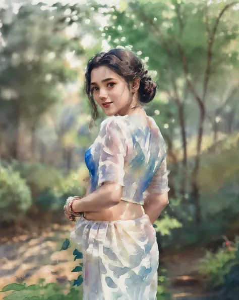 medium close up shot, photo of a 30yo woman posing, Raw photo, Masterpieces of watercolor painters, (watercolor:1.4), Characters, intricate details, illustrations:1.5, <lora:Colorwater_v4:0.8>, low saturation, Smile, <lora:KandyanDress_V1:0.9>, red saree, ...