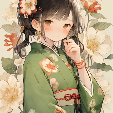 doukou, 1girl, solo, hair ornament, flower, looking at viewer, hair flower, blush, jewelry, x hair ornament, brown eyes, long sleeves, earrings, japanese clothes, floral background, black hair, twintails, hand up, floral print, closed mouth, wide sleeves, ...