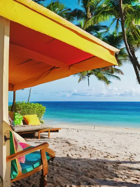 there is a beach with a yellow umbrella and a chair on it