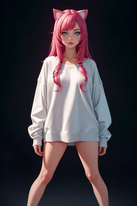 cute woman, cat ears, oversized pullover, playful, bare legs,, (highres, highly detailed:1.2), cinematic lighting, vibrant colors, <lora:epi_noiseoffset2:0.25>, <lora:more_details:0.25>