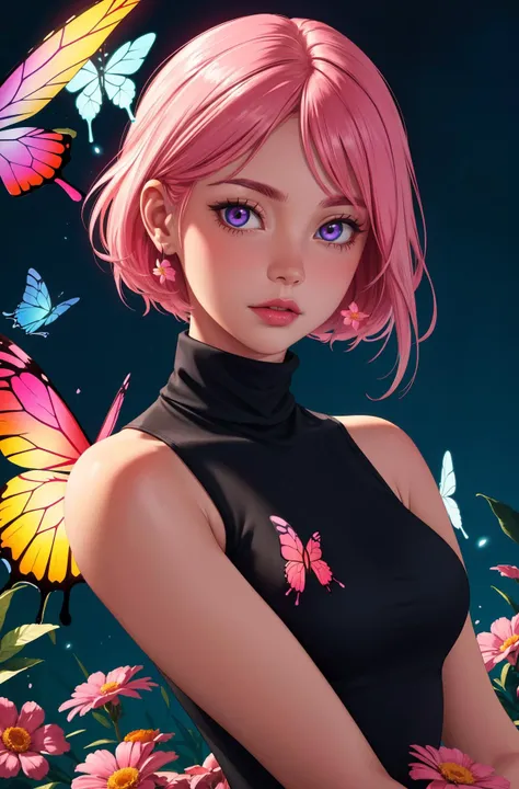 1girl, pink hair, sleeveless turtleneck, orange glow, swirling butterflies and flowers, (highres, highly detailed:1.2), cinematic lighting, vibrant colors, <lora:epi_noiseoffset2:0.25>, <lora:more_details:0.25>