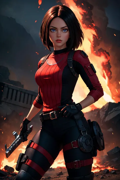 cute alita in combat gear, fire explosions., (highres, highly detailed:1.2), cinematic lighting, vibrant colors, <lora:epi_noiseoffset2:0.25>, <lora:more_details:0.25>