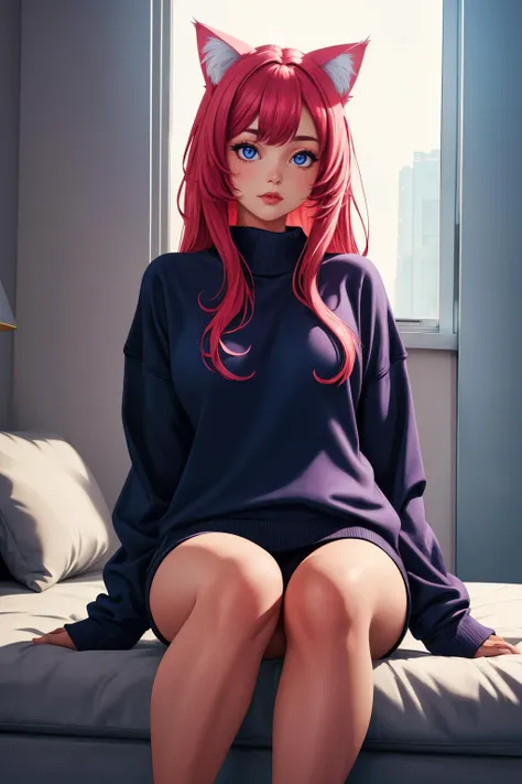 cute woman, cat ears, oversized pullover, playful, bare legs,, (highres, highly detailed:1.2), cinematic lighting, vibrant colors, <lora:epi_noiseoffset2:0.25>, <lora:more_details:0.25>