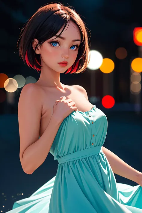 a cute woman, in sundress, topless, abstract background, bokeh, (highres, highly detailed:1.2), cinematic lighting, vibrant colors, <lora:epi_noiseoffset2:0.25>, <lora:more_details:0.25>