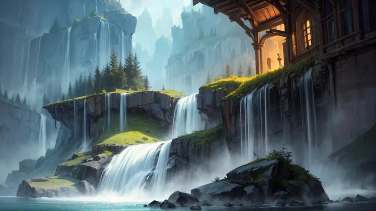 waterfall in the mountains with a house on top of it