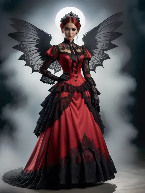 breathtaking woman wearing a red (victorian dress), <lora:victorian_dress-XL-2.0:1>
photograph, realistic, black wings, full body, backlighting, halo, black lace, fog,  . award-winning, professional, highly detailed