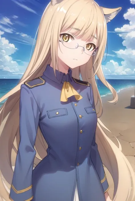 perrineclostermann, <lora:perrine clostermann anime-lora-nochekaiser:1>,
perrine clostermann, long hair, blonde hair, animal ears, (yellow eyes:1.5), glasses, dog ears,
BREAK uniform, military, military uniform, ascot, white ascot,
BREAK outdoors, ship, oc...