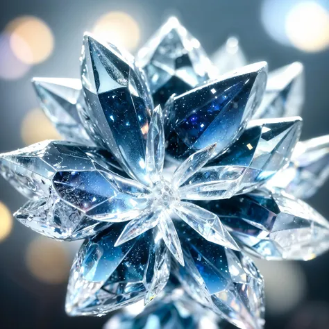 a close up of a crystal snowflake with a blurry background