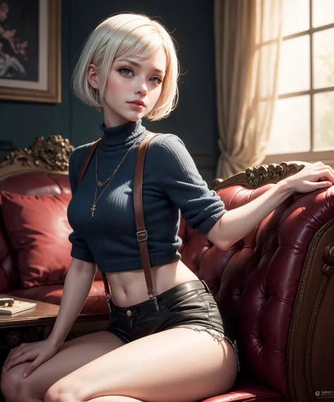 masterpiece, best quality, digital painting, 1girl, (white hair)+(french bob cut), red eyes, angry smile, blue shirt, black shorts with suspenders, decorative chain on shorts, sitting on the armchair,dreamlike, intricate details, sharp focus, trending on a...