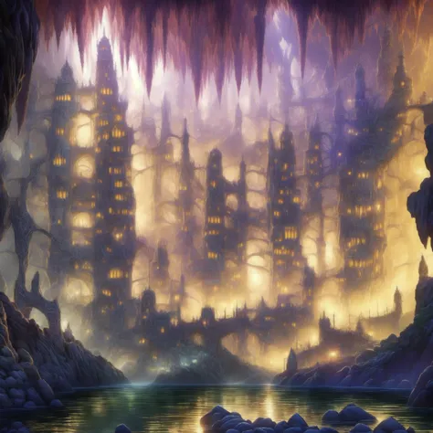 (masterpiece:1.2), (best quality,:1.2), 8k, HDR, ultra detailed, ((photorealistic)), professional light, cinematic lighting, ambient lighting, DarkElves, a dark and magical cavern with a waterfall into a lake, and an ((ominous darkelf city)) and mysterious...