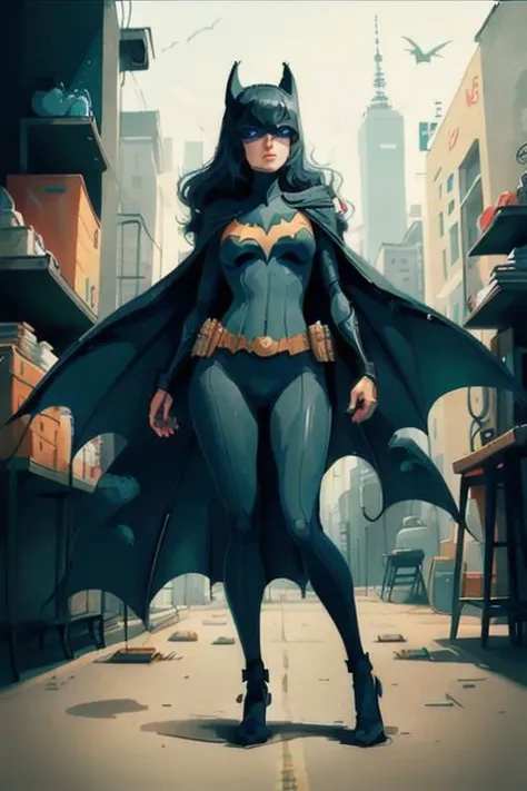 highly detailed masterpiece, Batwoman standing with wide legs, medium full shot, dutch angle,