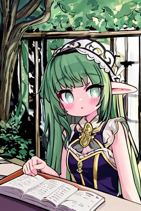 anime girl with green hair and a book sitting at a table