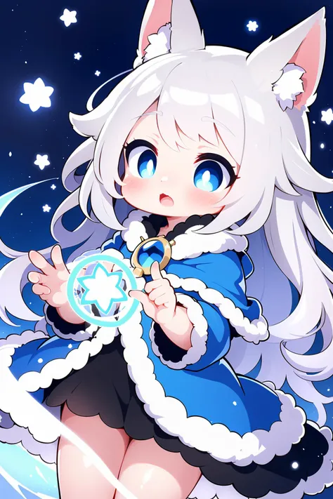 1girl, Silver hair, blue eyes, magician, magic, ice magic, magic circle, ✨, ❄️, ☃️