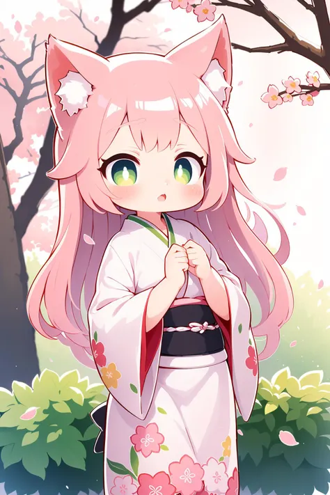 1girl, solo, standing, watercolor style, cherry blossom tree, cat ears, long flowing hair, serene expression, floral hairpin, pastel pink hair, green eyes, traditional kimono in shades of pink with floral patterns, blossoms falling around, peaceful atmosph...