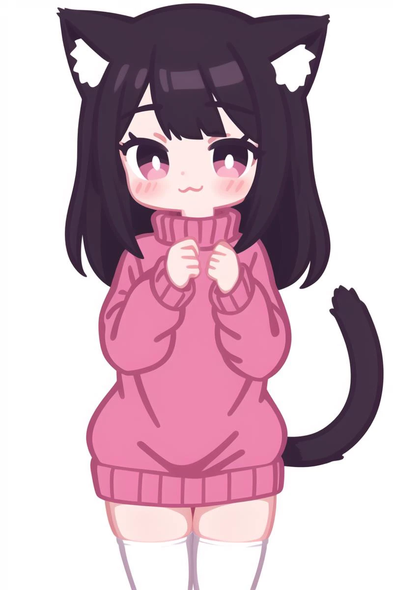 1girl, smile, standing, looking at viewer, cat ears, cat tail, :3, white background, sweater, white thighhighs,