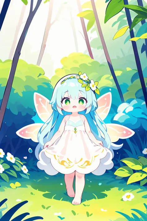 a cartoon fairy girl in a white dress standing in the woods