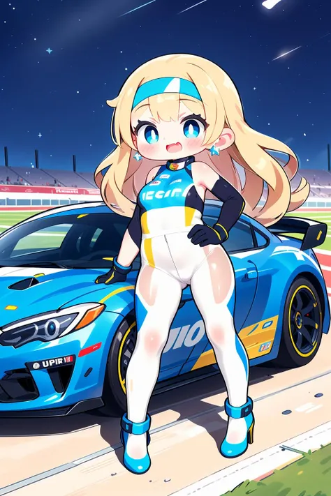 a cartoon image of a woman in a racing outfit standing next to a car