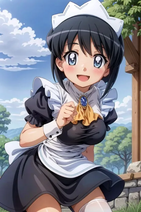 anime girl in maid outfit holding a bag of food