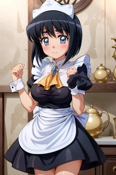 anime character dressed in maid outfit posing in front of a shelf