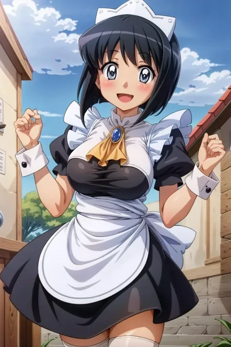 a close up of a woman in a maid outfit holding a knife