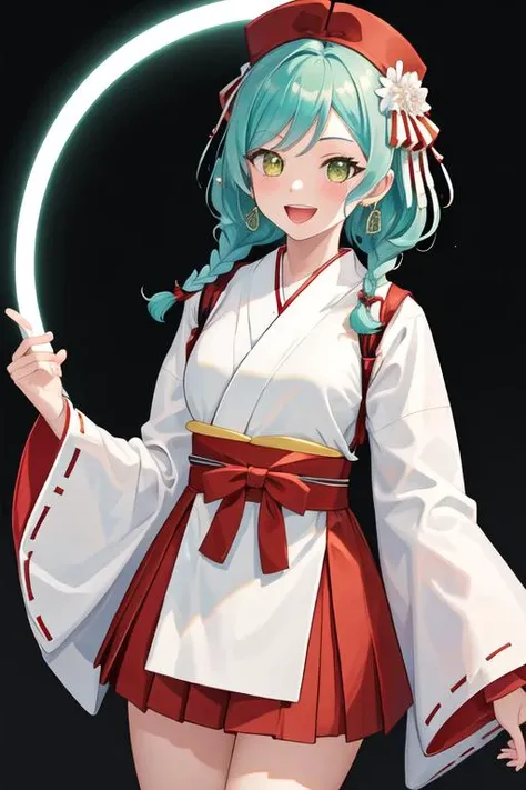 best quality, masterpiece, highres, solo, {white kimono:1.35}, {red hakama:1.35}, {wide sleeves:1.20}, {hikawa_hina_bangdream:1.15}, aqua_hair, green_eyes, short_hair, smile, bow, braid, blush, hair_bow, side_braids, twin_braids, open_mouth, bangs