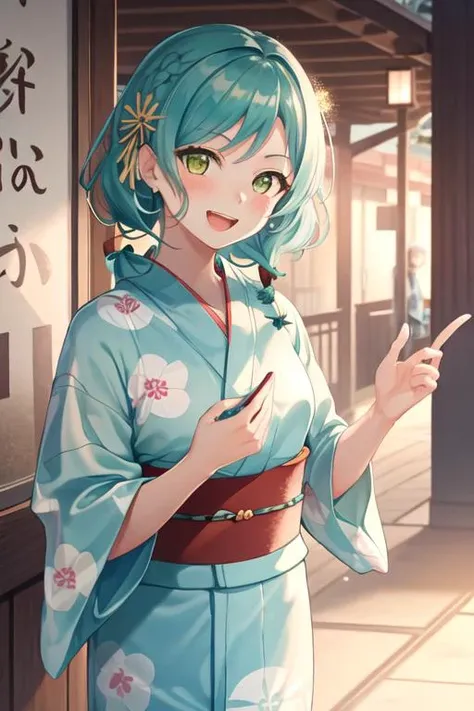 best quality, masterpiece, highres, solo, {yukata:1.40}, {kimono:1.20}, {hikawa_hina_bangdream:1.15}, aqua_hair, green_eyes, short_hair, smile, bow, braid, blush, hair_bow, side_braids, twin_braids, open_mouth, bangs