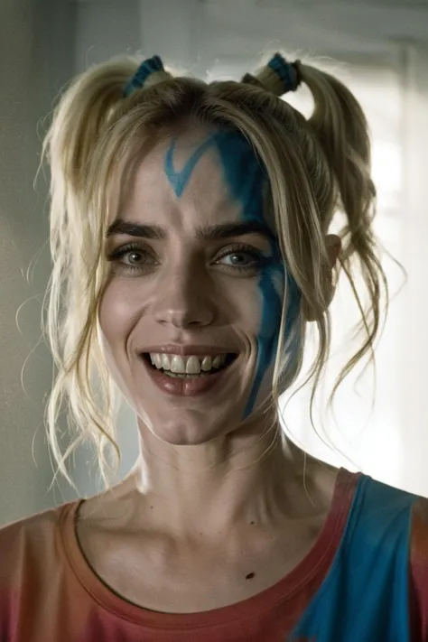 (Movie Still) from Suicide Squad, adajoi as Harley Quinn, colorful hair, pigtails, baseball bat, teeth, crazy smile, wearing a tight graphic t-shirt, sharp focus, cinematic lighting, (high detailed skin:1.1)
<lora:0more_details:0.5> <lora:ana_de_armas_joi_...