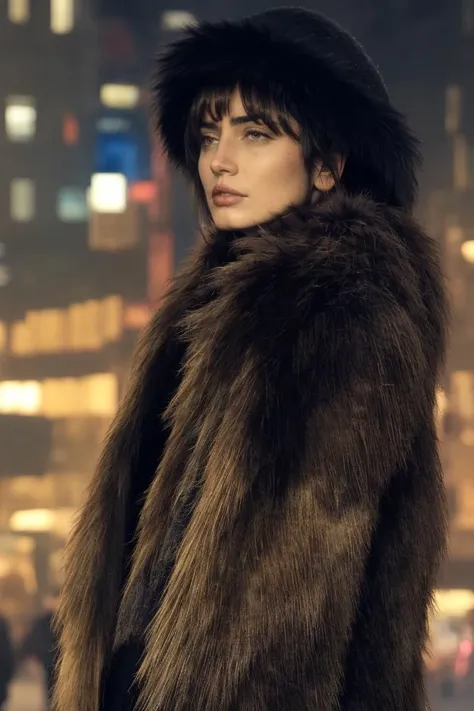 headshot, a woman in a fur coat, fur hat, city, rainy, wet, soft colors, bokeh, masterpiece, high quality, (high detailed skin:1.1)
<lora:joi_br2049_lora_v02:1> joi