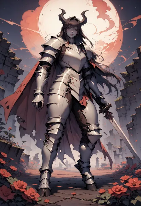 score_9, score_8_up, score_7_up, score_6_up, score_5_up, score_4_up, BREAK rating_safe, 
1girl, female demon, muscular, fantasy, grey skin, hooves, horns, knight armor, holding sword, black rose field, red cape, ruined battlefield, smoke, 
<lora:Astraali_M...