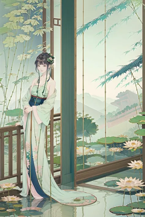 ((1girl)),solo,lying on bamboo mat bed in garden,thin hanfu,foggy,(curtain),(bamboo forest:1.2),tiles roof,translucent silk chiffon hanfu,dudou,light green and white,off shoulders,chinese painting,gongbi style,water_color,(grapevineman:1.2),(trees, artific...