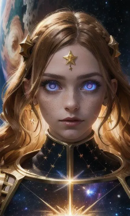 a woman with blue eyes and a star on her forehead