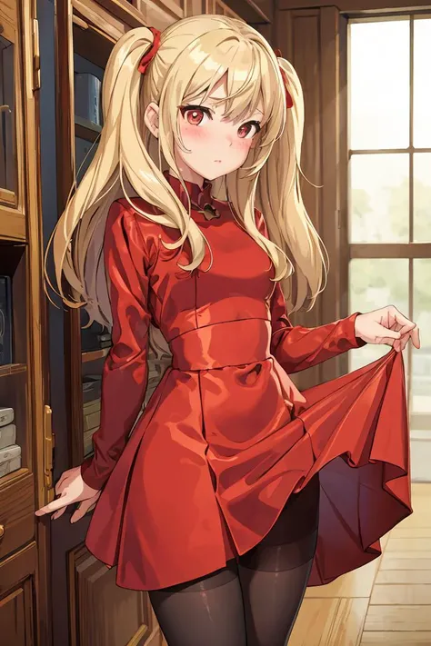 (masterpiece, best quality), 1girl, blonde hair, red dress, pantyhose, cute face, blush,