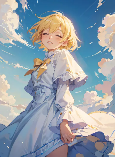 1girl, really happy, on the sky, (clouds), (from below, low angle), dreamy composition, pastel colors, saturated, short hair, light yellow hair, closed eyes, skirt, (castle on the background:0.4), (masterpiece, best quality, hires, high quality, by profess...