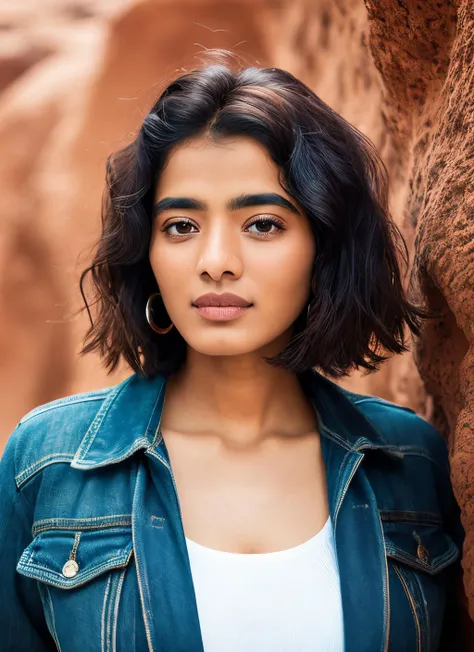 portrait of skswoman, :d , wearing outerwear , with brown Shag haircut , background desert epic (photo, studio lighting, hard light, sony a7, 50 mm, matte skin, pores, colors, hyperdetailed, hyperrealistic), <lyco:Ketika Sharma:1.1>