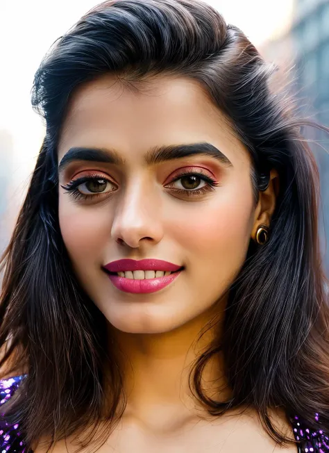 portrait of skswoman, smile , wearing sequined , background city epic (photo, studio lighting, hard light, sony a7, 50 mm, matte skin, pores, colors, hyperdetailed, hyperrealistic), <lyco:Ketika Sharma:1.2>