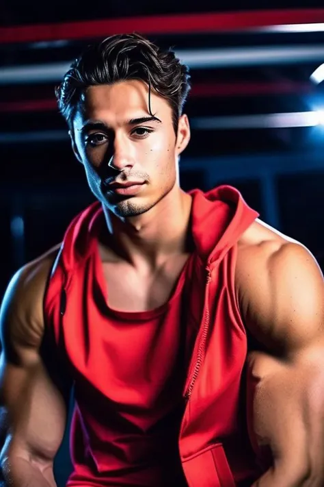 a close up of a man in a red shirt posing for a picture