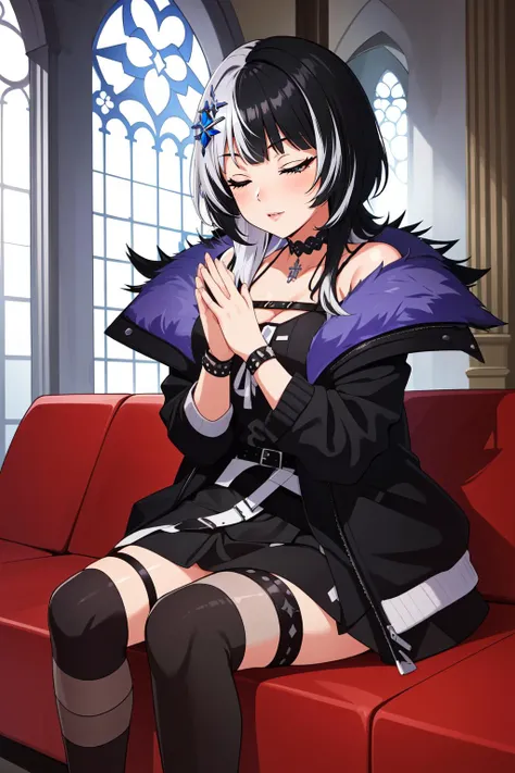 anime girl sitting on a red couch with her hands clasped