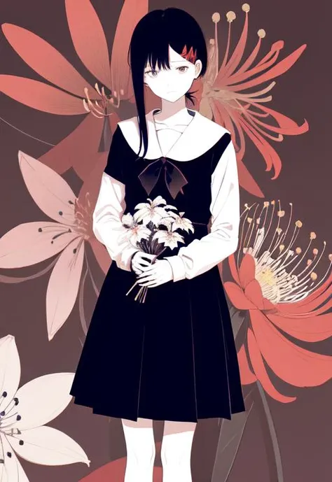 flat color, limited palette, low contrast, 1girl, serafuku, long straight black hair, lycoris flower, (red, black) ,mandarava,yuri,bana in the background, a lot of flowers
 <lora:kobeni_v10:0.9>