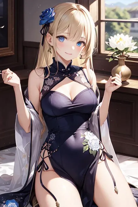 only 1girl, solo,focus on, ray tracing,straight-on,cowboy shot, blonde hair, blue eyes, medium breasts, black gold clothes,
The captivating girl is wearing a qipao adorned with exquisite and sensual lotus flower patterns. The fabric of the qipao is embroid...