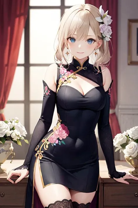 only 1girl, solo,focus on, ray tracing,straight-on,cowboy shot, blonde hair, blue eyes, medium breasts, black gold clothes,
The captivating girl is wearing a qipao adorned with exquisite and sensual lotus flower patterns. The fabric of the qipao is embroid...