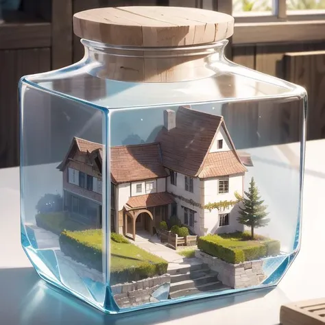 a medieval town stuffed inside a square glass jar with lid, putting on the windowsill,
extremely detail, 8k, doomsday punk style...