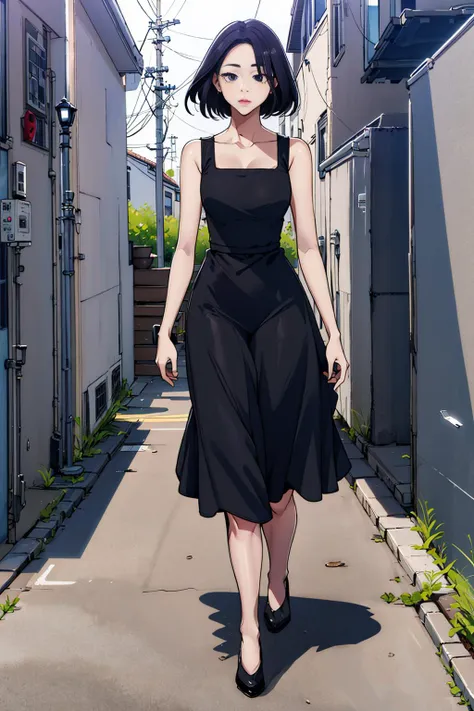 anime girl walking down a narrow alley with a black dress